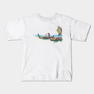 Longtail boats in a lagoon Kids T-Shirt